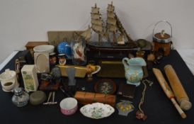 Mixed box of ceramics and decorative ornaments, including a wooden model ship, miniature cricket bat