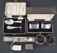Collection of silver including a spoon, napkin rings, a snuff box etc