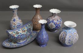 Selection of Persian enamel vases and dishes