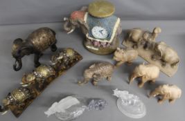 Selection of ceramic, glass, and wooden Indian style elephant ornaments plus Staffordshire style