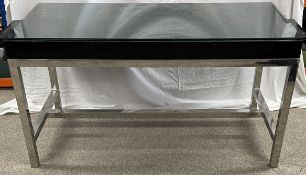 Andrew Martin chrome framed side table with lacquer top & side shelves 140cm by 65cm, with a glass