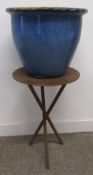 Cobalt blue planter (approx. 38cm x 32cm with heavy metal tripod stand (approx. 54cm x 36cm)