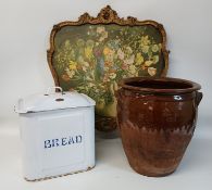 Large earthenware pot, enamel bread bin and fire screen