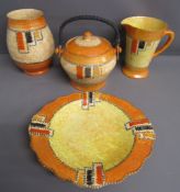 4 pieces of Crown Ducal unsigned Charlotte Rhead 1935 3274 patch design includes - handled lidded