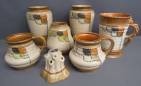 7 pieces of Crown Ducal unsigned Charlotte Rhead 1935 4088 patch pattern - includes vases  - spill