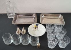 Cut and etched glass ware including glasses and a decanter, Batman and Robin bowl, and silver