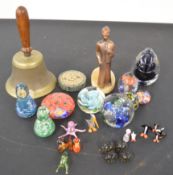 Paperweights, glass lampwork animals, brass hand bell, figures and a perpetual calendar