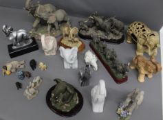 Selection of ceramic elephants, some need repair, a glass vase and bowl with jug