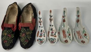 Pair of embroidered 19th century Chinese slippers & two pair of spoons