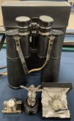 Jolly Fisherman Skegness trophy, pair of binoculars, modern hunter pocket watch & a clock in the