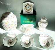 Minton Haddon Hall large cream jug (as new), lidded pot & Haddon Hall Trellis clock (with box) and