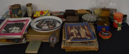 Large collection of vintage tins, sheet music, royal commemorative ware, wine drum and books