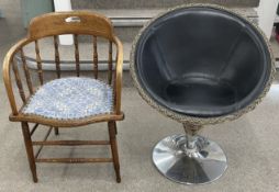 Early 20th century spindle back office chair & a 1960's style rattan & chrome bar stool