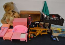 Collection of toys including Airfix, dolls, teddy bears including growler bear, Barbie furniture,
