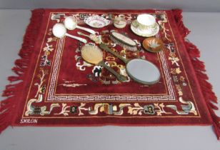 Royal Crown Derby Green Panel teacup and saucer - embroidered dressing table set - enamelled dish