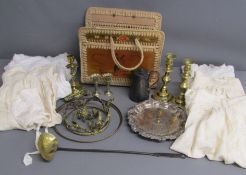 Brass skimming spoon - silver plate salver, small vases & teapot - pair of brass candlesticks and