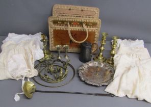 Brass skimming spoon - silver plate salver, small vases & teapot - pair of brass candlesticks and