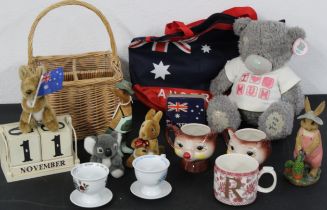 Mixed lot - wicker bottle basket, Australian tourist items, Teddy Bear, perpetual calendar, wooden