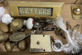 Period and later brass door furnishings etc including a letter box & escutcheons