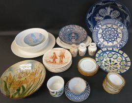 Two oval Clarice Cliff platters (undecorated), 4 x Sarreguemines "talking" plates, antique Limoges