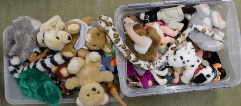 Two boxes of approx 90 cuddly toys, including TY Beanie, Disney and others