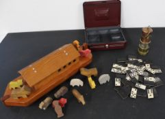 Wooden Noah's Ark including wooden animals, Hockley Lamp and Limelight Company miners lamp, money
