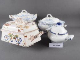 A Wedgewood hexagonal shaped "Clematis" pattern tureen and cover and eight other tureens
