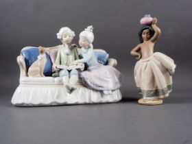 A Lladro Gres figure "Little Peasant Girl", 8" high, and Lladro group "Story Time", 7 1/2" high