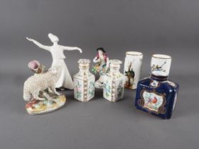 A pair of Gien cylindrical vases with bird and flower decoration, 4 3/4" high, a pair of Spanish
