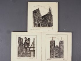 Three Villeroy & Boch hand-painted tiles decorated views of Munster, Germany, 6" sq