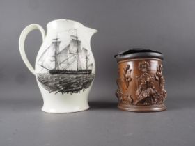 A late 18th century Liverpool creamware jug with overglaze transfer decoration of the Death of Wolfe