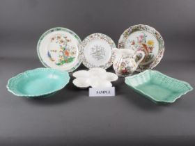 A Spode dish with birds on a tree decoration, retailed by Waring & Gillows, 9" dia, a pair of