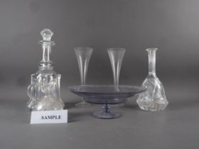 A 19th century belle decanter and stopper, a pair of champagnes and other glass, various