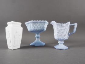 A Sowerby glass vase with Chinese style figure decoration, 4 1/2" high, a Sowerby glass jug, and a