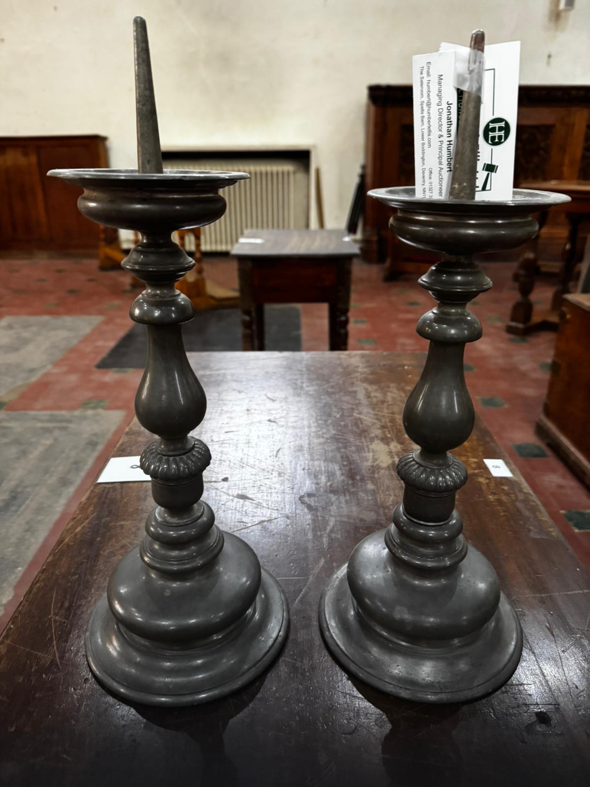 A pair of heavy pewter pricket candlesticks each standing 16.5" (42cm) high. - Image 3 of 3