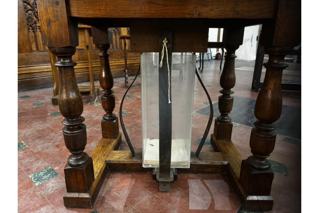 A stout oak 19th century square shaped collection table with raised centre slot and collection - Image 10 of 10