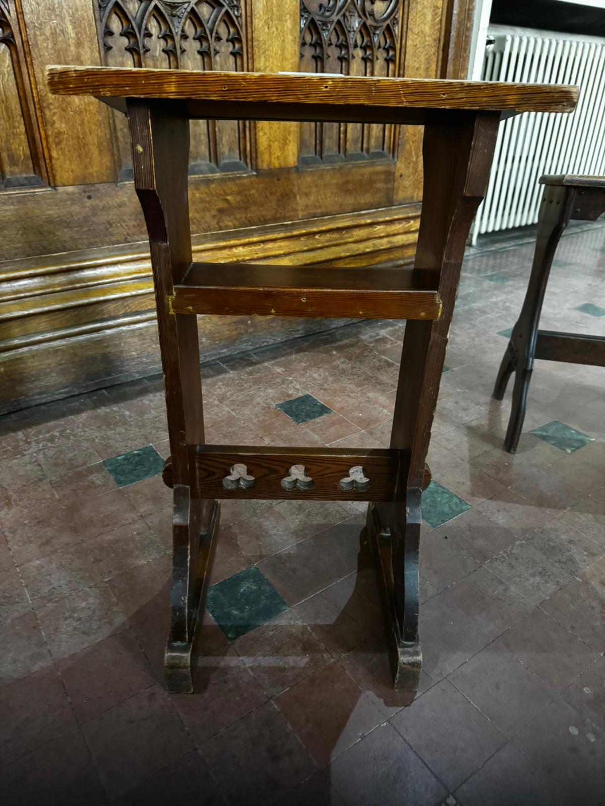 A late 19th century pine prie-dieu or prayer desk of small proportions and having pegged trefoil - Image 3 of 5