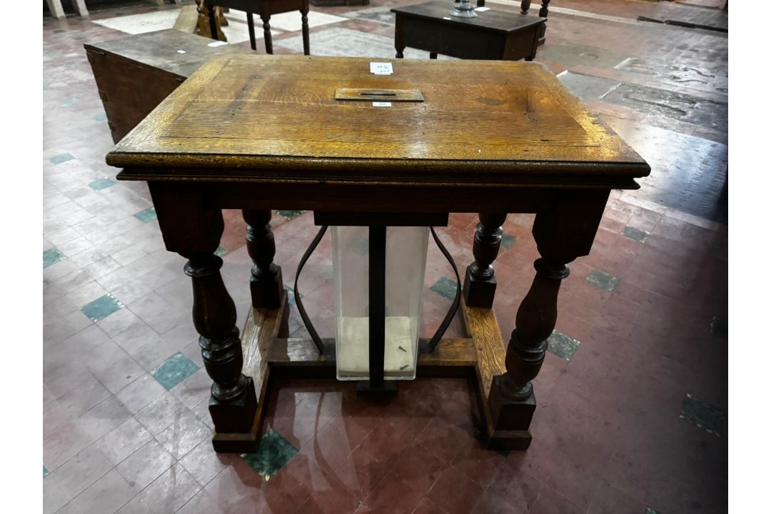 A stout oak 19th century square shaped collection table with raised centre slot and collection - Image 5 of 10