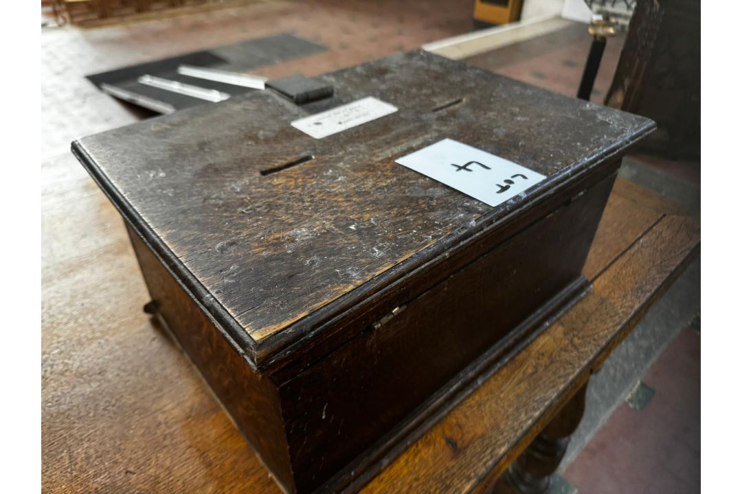 A 19th century lidded oak hinged-top box previously used as a votive candle payment repository, - Image 5 of 6