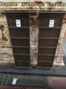 A pair of matching stained oak hymn boards, each with six sections for slide-in numbers,