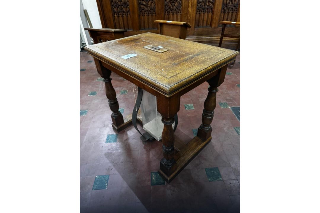 A stout oak 19th century square shaped collection table with raised centre slot and collection - Image 8 of 10