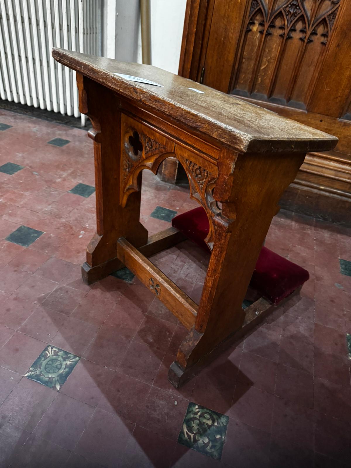 A late 19th century oak prie-dieu or prayer desk in the Gothic style with pierced quatrefoils, - Image 2 of 5