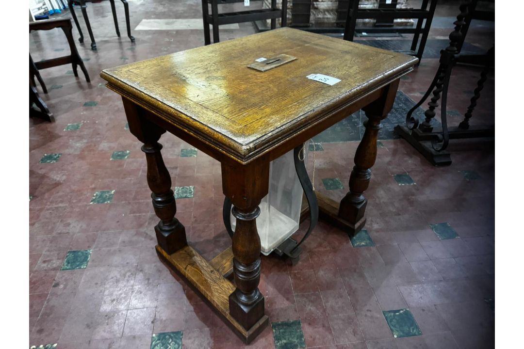 A stout oak 19th century square shaped collection table with raised centre slot and collection - Image 2 of 10