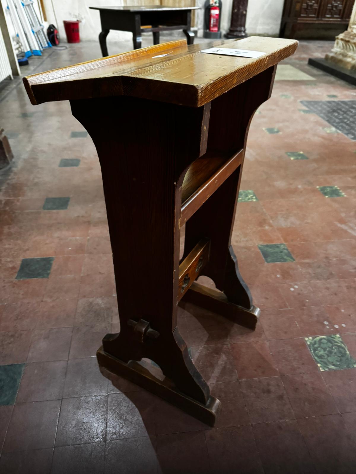 A late 19th century pine prie-dieu or prayer desk of small proportions and having pegged trefoil - Image 4 of 5