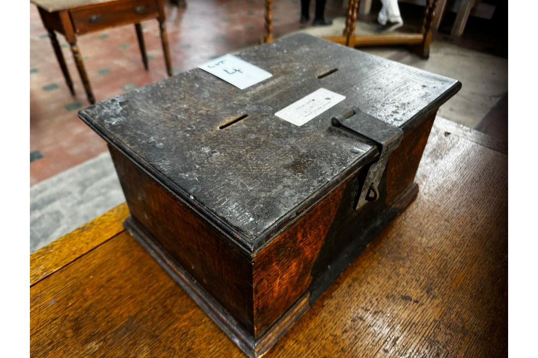 A 19th century lidded oak hinged-top box previously used as a votive candle payment repository, - Image 2 of 6