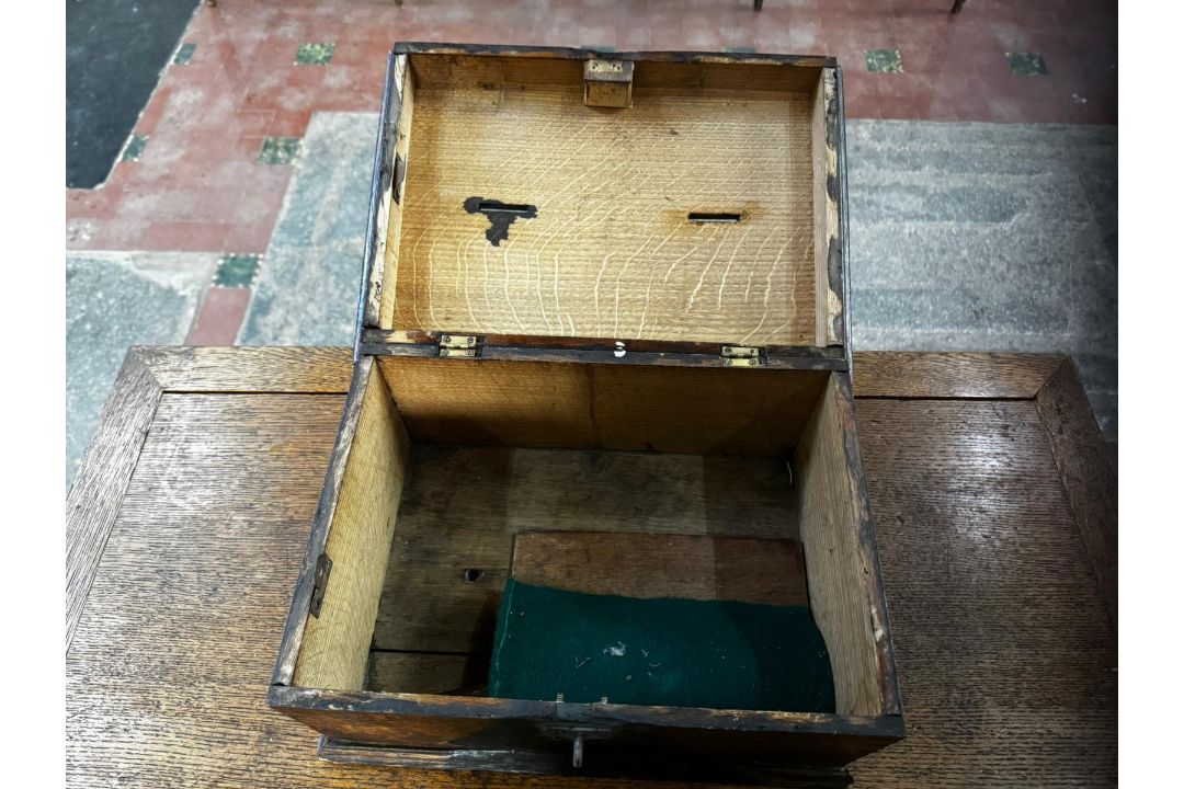 A 19th century lidded oak hinged-top box previously used as a votive candle payment repository, - Image 6 of 6
