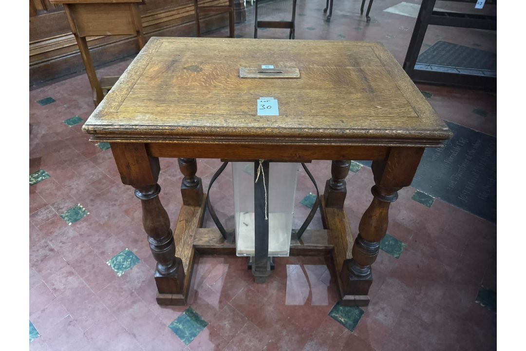 A stout oak 19th century square shaped collection table with raised centre slot and collection - Image 1 of 10