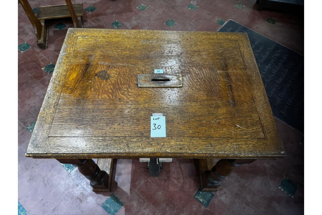 A stout oak 19th century square shaped collection table with raised centre slot and collection - Image 9 of 10