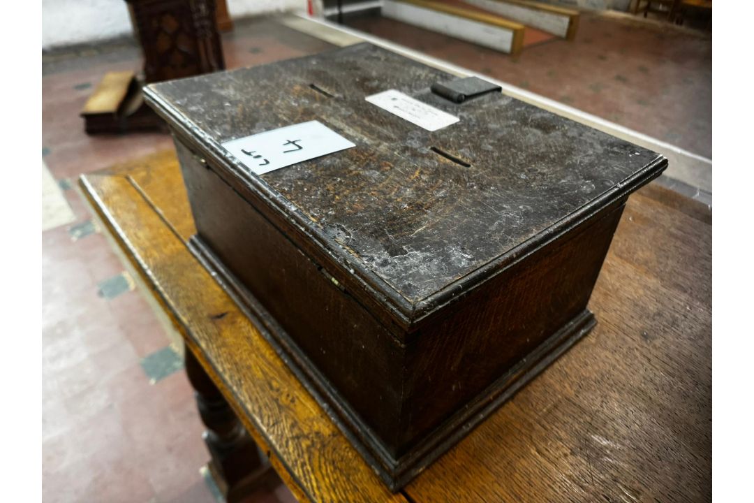A 19th century lidded oak hinged-top box previously used as a votive candle payment repository, - Image 3 of 6
