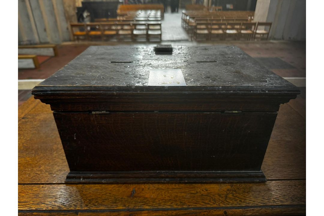 A 19th century lidded oak hinged-top box previously used as a votive candle payment repository, - Image 4 of 6